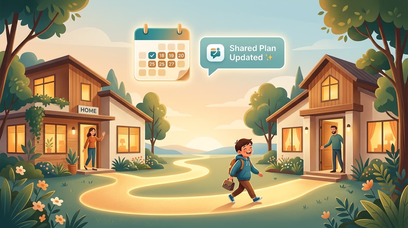 Two homes connected by a golden path — a warm co-parenting illustration